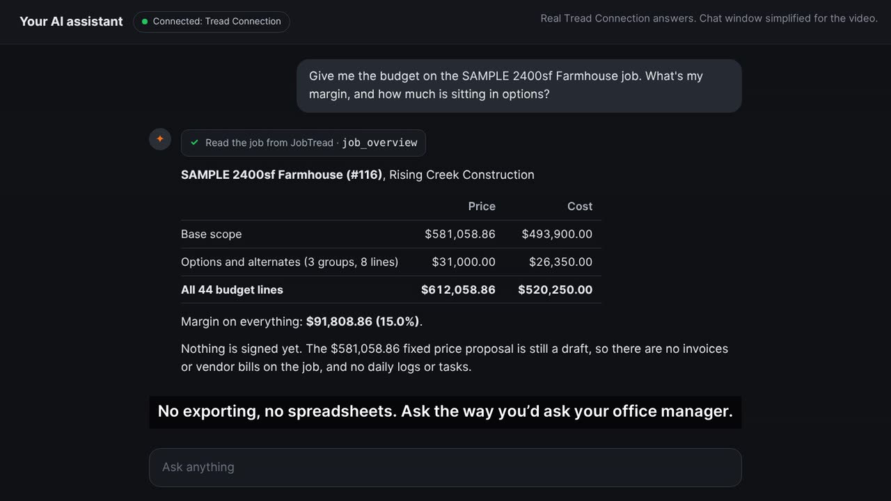 An SI assistant answering a JobTread budget formula question and reading a sample job's budget and margin
